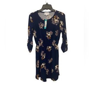 French Grey Navy Floral 3/4 Sleeve Mini Spring Dress
